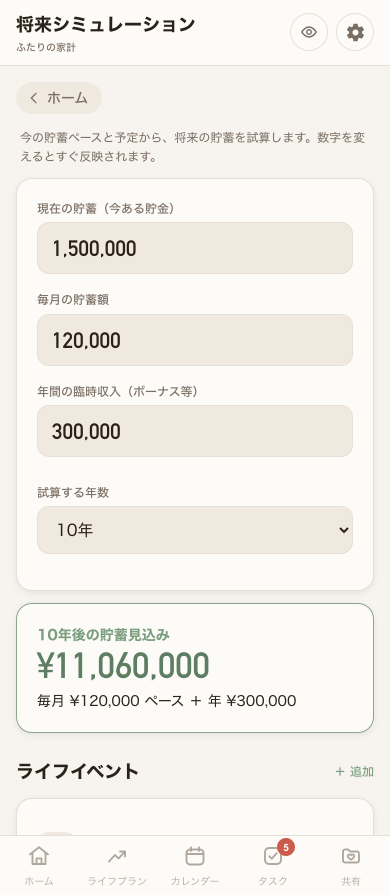 将来シミュレーション画面：教育費・老後まで含めた試算
